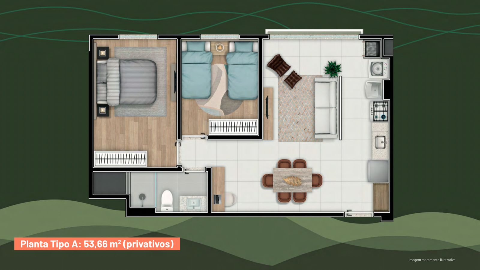 Planta Tipo B - 2 dormitorios, 53m2