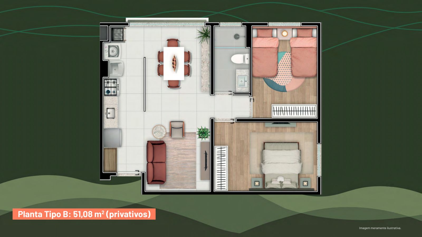 Sala e cozinha com janela panorâmica